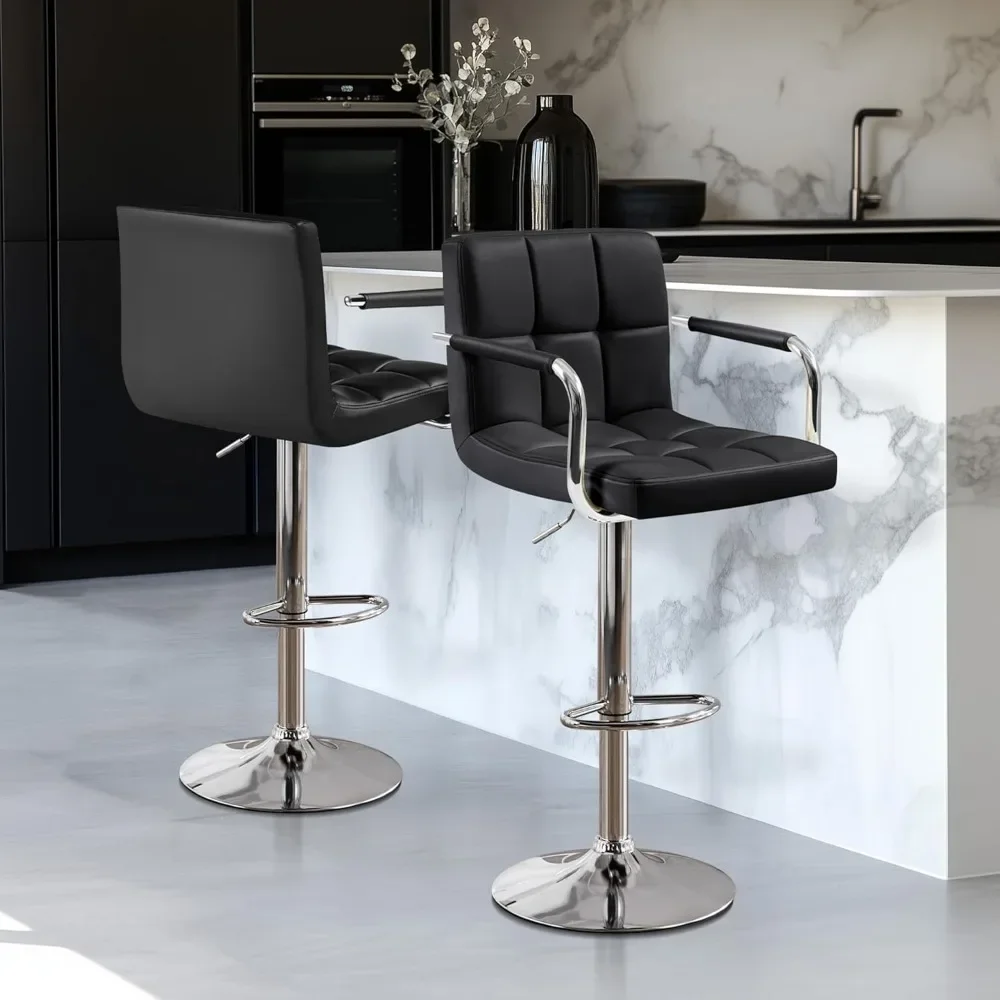 Bar Stools Set of 2, PU Leather Adjustable Swivel Barstools, Hydraulic Kitchen Counter Height Bar Chairs w/Armrest and Back