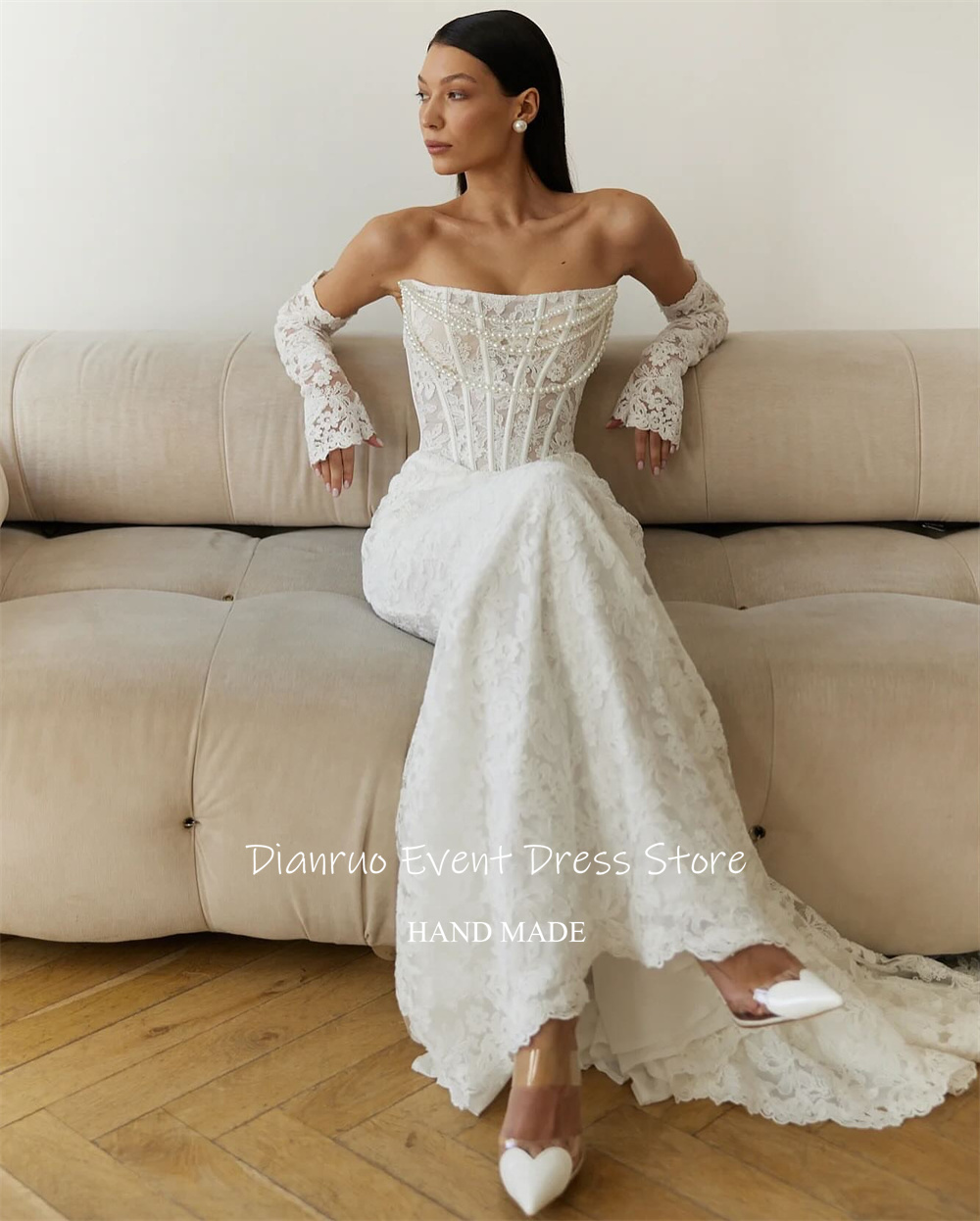 Dianruo Exquisite Strapless Mermaid Wedding Dresses Pearls Luxury Robe De Mariée 2025 Lace Appliques Maxi Bride Gowns Customized