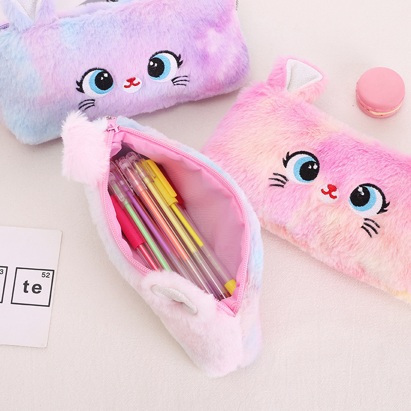 Lindo estuche de lápices de gatito degradado con gran capacidad y alto valor estético, regalo de vacaciones para estudiantes, papelería de felpa para niña