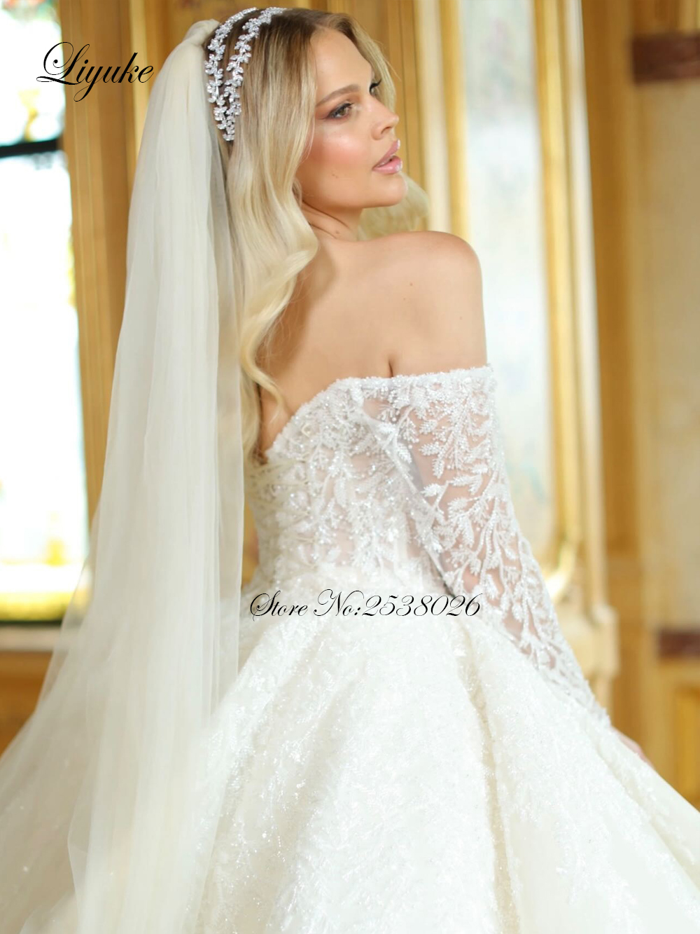 VEYUKE-Robe de mariée princesse en perles, tenue de Rh, manches longues, dentelle scintillante, pour patients
