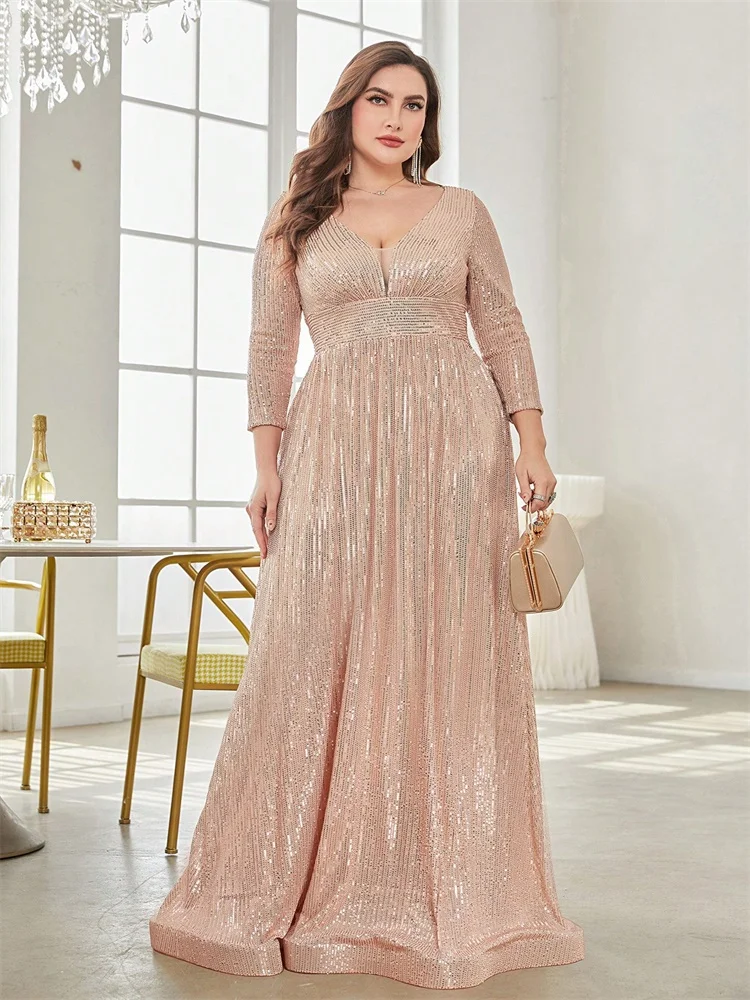 Plus size luxo com decote em v mangas compridas lantejoulas vestido de noite para as mulheres 2024 festa de casamento baile maxi cocktail vestidos de dama de honra