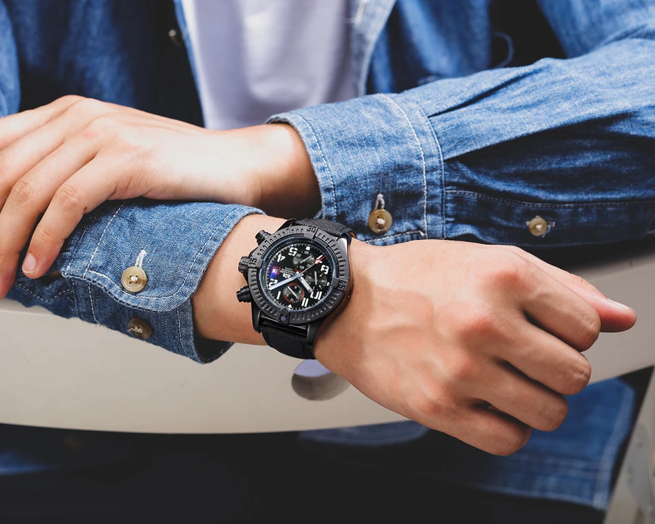 Reloj deportivo para hombre, automático, luminoso, mecánico, estilo lona, cuero auténtico, negro, azul, multifunción, fecha, mes