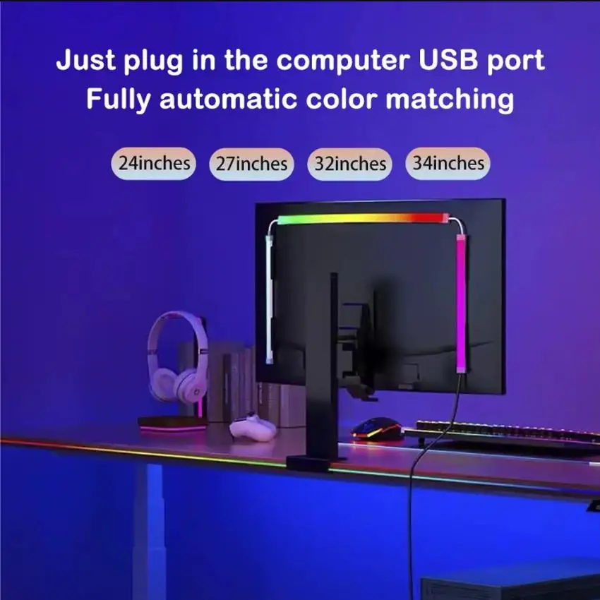 USB PC LED 스트립 조명 24-34인치 컴퓨터 RGBIC 앱 음악 동기화 모니터 화면 LED 백라이트 게임방 분위기 장식