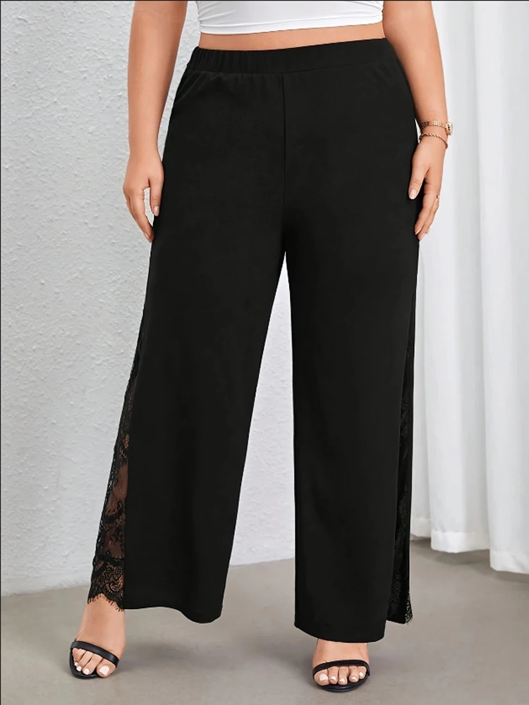 Dames plus size zwarte elegante lente zomer casual split kant patchwork losse elastische taille wijde pijpen broek met rechte pijpen