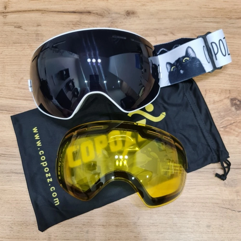COPOZZ スキーゴーグル ケース&イエローレンズ付き UV400 曇り止め球面スキーメガネ スキー メンズ レディース スノーゴーグル + レンズ + ボックスセット