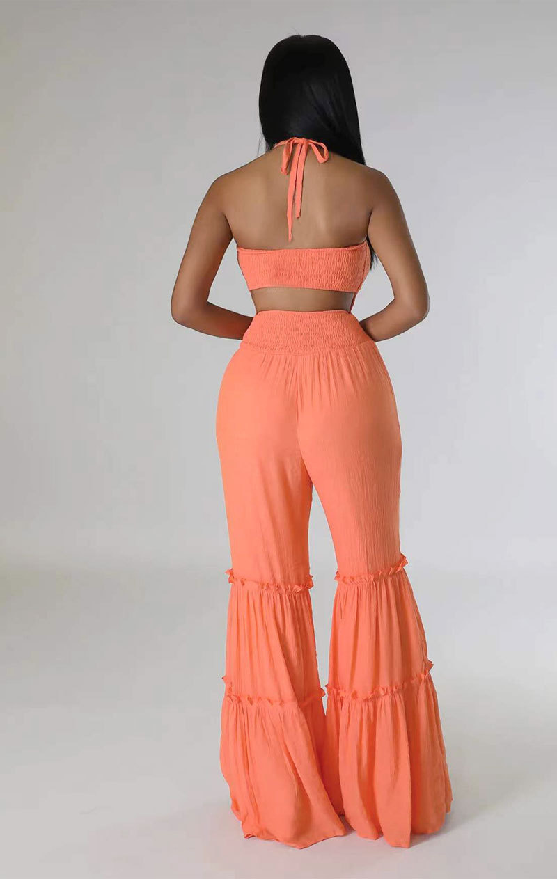 Cutubly jumpsuit Halter oranye musim panas 2023 untuk wanita lipit elegan renda Bodycon ruffle kurus kaki lebar jumpsuit suar
