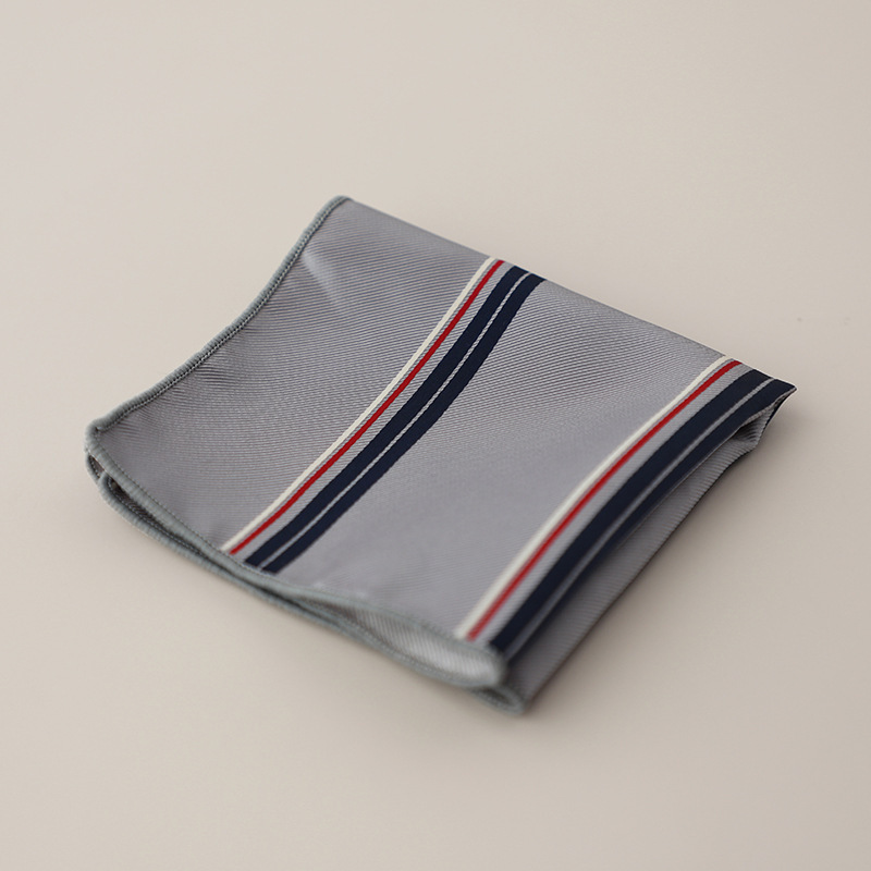 男性用韓国ジャカードポリエステルポケットスクエア、ネイビーブラウンストライプハンカチ、ハンキースーツタオル、ビジネスフォーマルクラバット、23cm