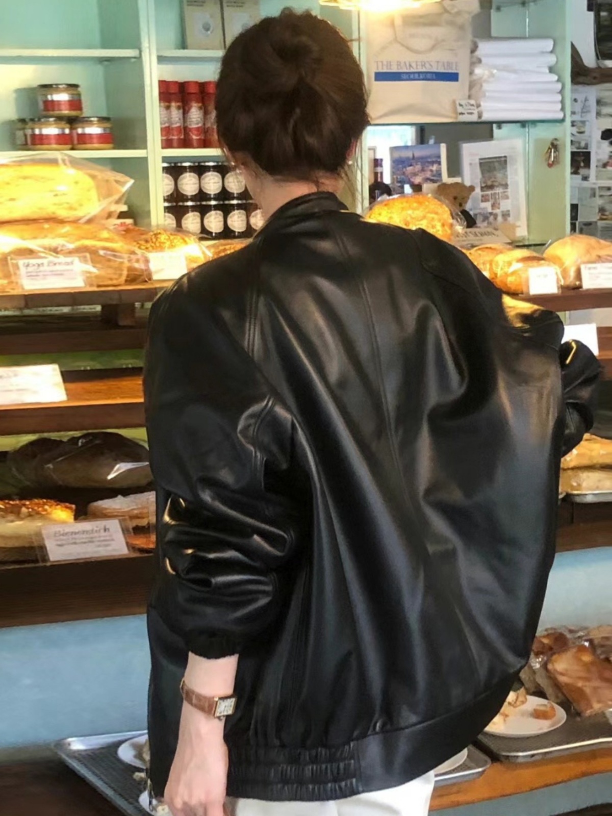 Black Leather Jacket Women's Vintage Slish Lapel Zipper Loose High-End Feel BF Motorcycle Clothes Trendy Short Sle Long S...