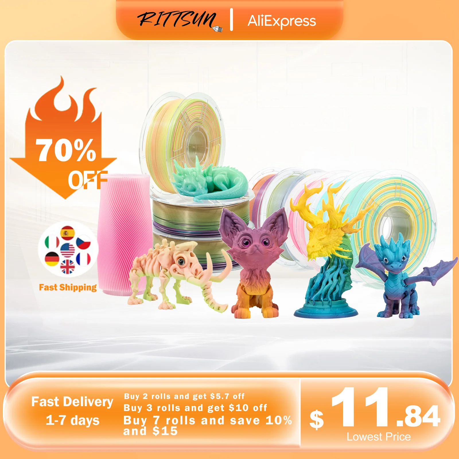 Ritsun pla/petg/pla + filamento fosco/seda/arco-íris pla 1kg 1.75mm filamento de impressão 3d de alta qualidade envio rápido