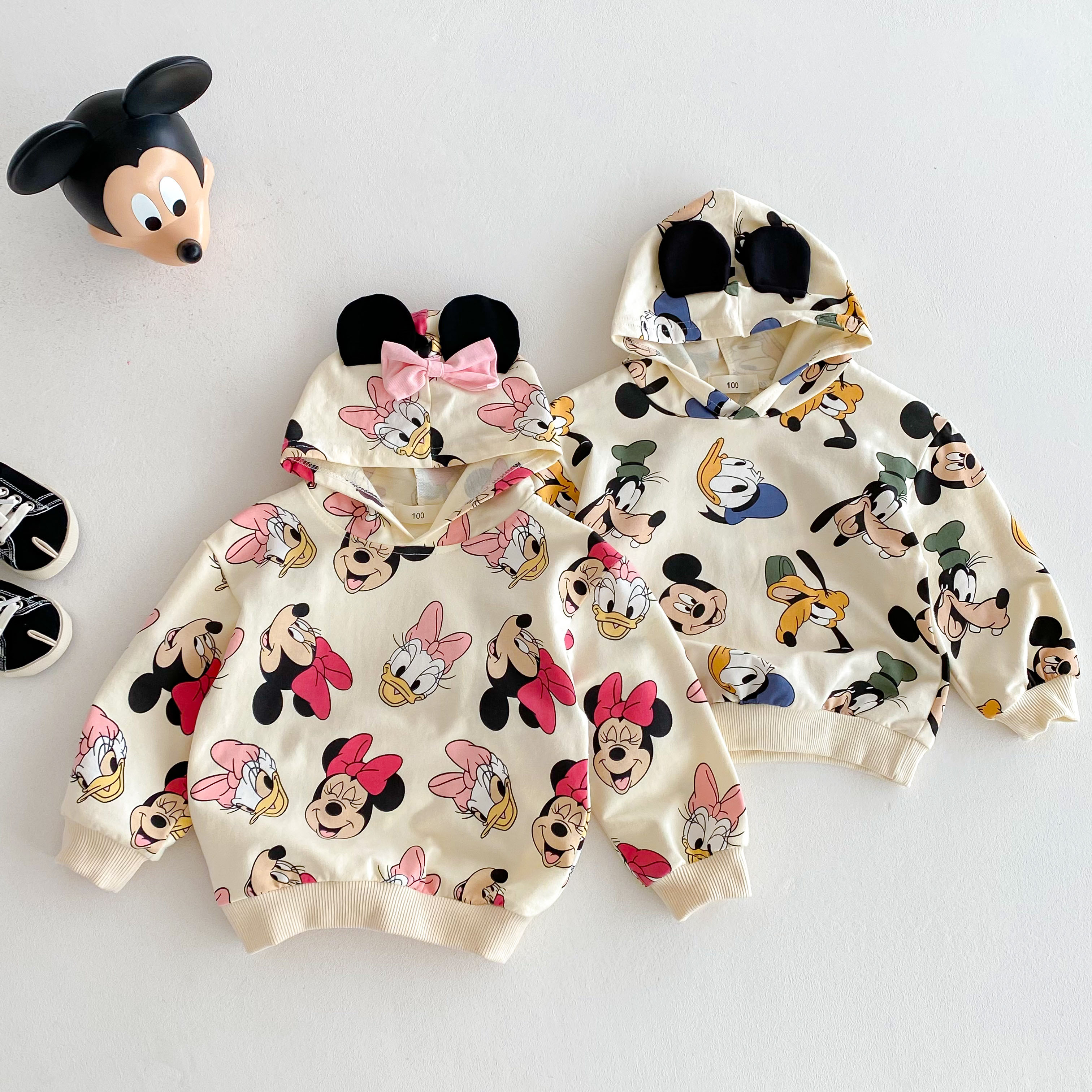 Sudaderas con capucha de Minnie Mickey de Disney para otoño, ropa para niños, Tops con capucha de manga larga, sudadera holgada de moda con dibujos animados para niña y niño de 0 a 6 años