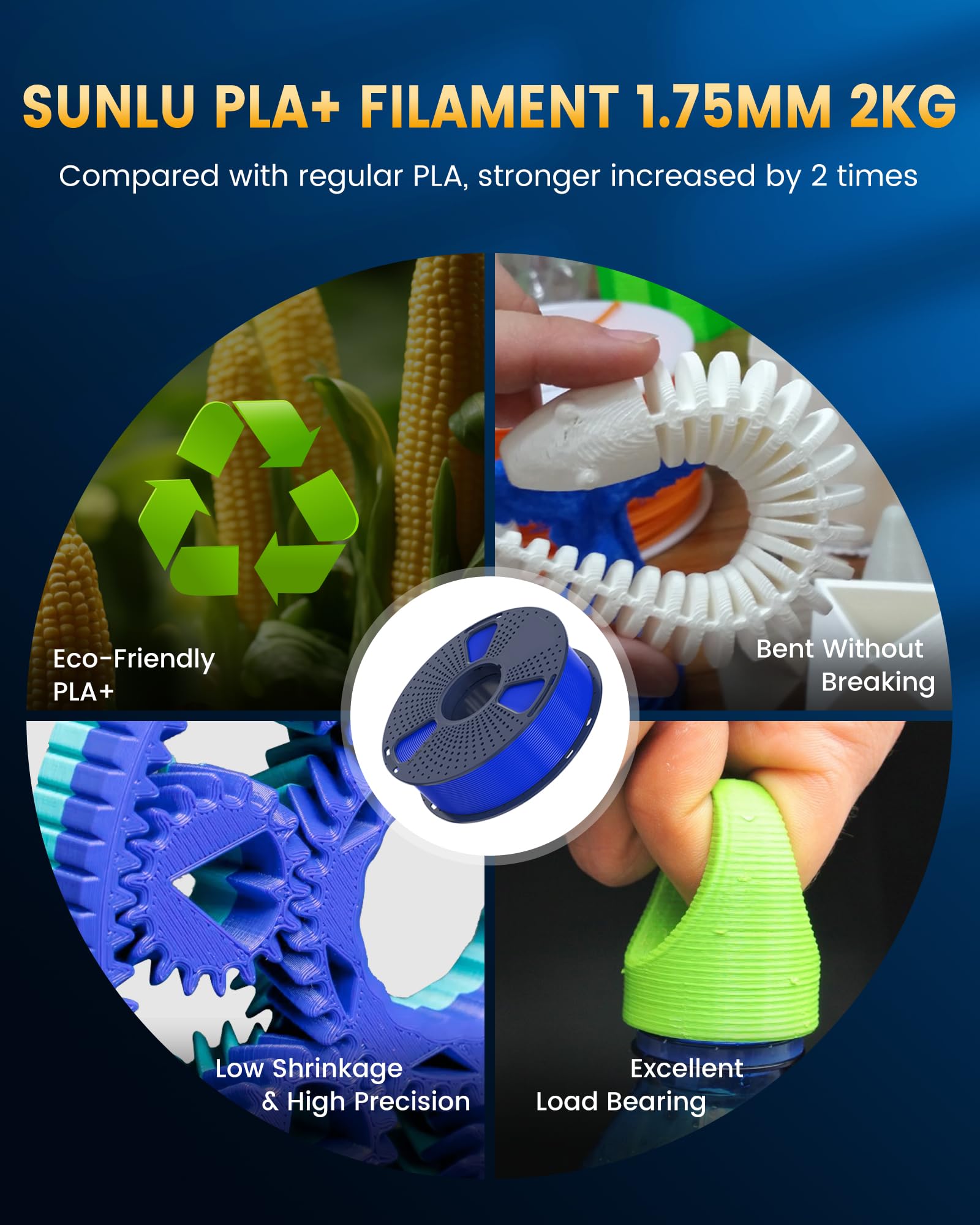 SUNLU PLA + 2.0 Filament 3D 5KG PLA PLUS mise à niveau 1.75mm bobine de Filaments 3D colorés soigneusement plaqués pour matériaux d'impression 3D FDM