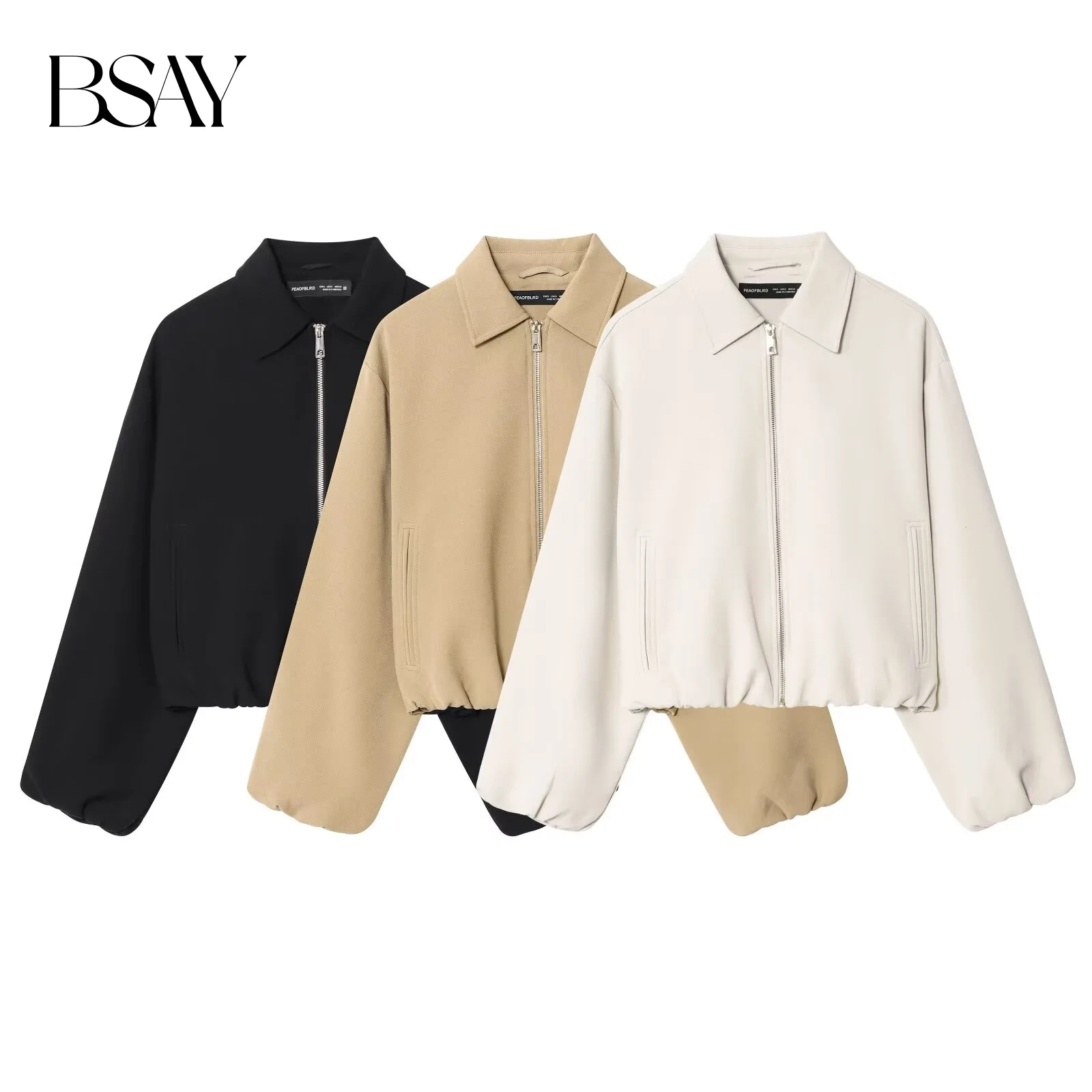 Bsay feminino outono novo 2025 cor sólida simples bolso cintura cinched manga comprida lapela zíper jaqueta inchada