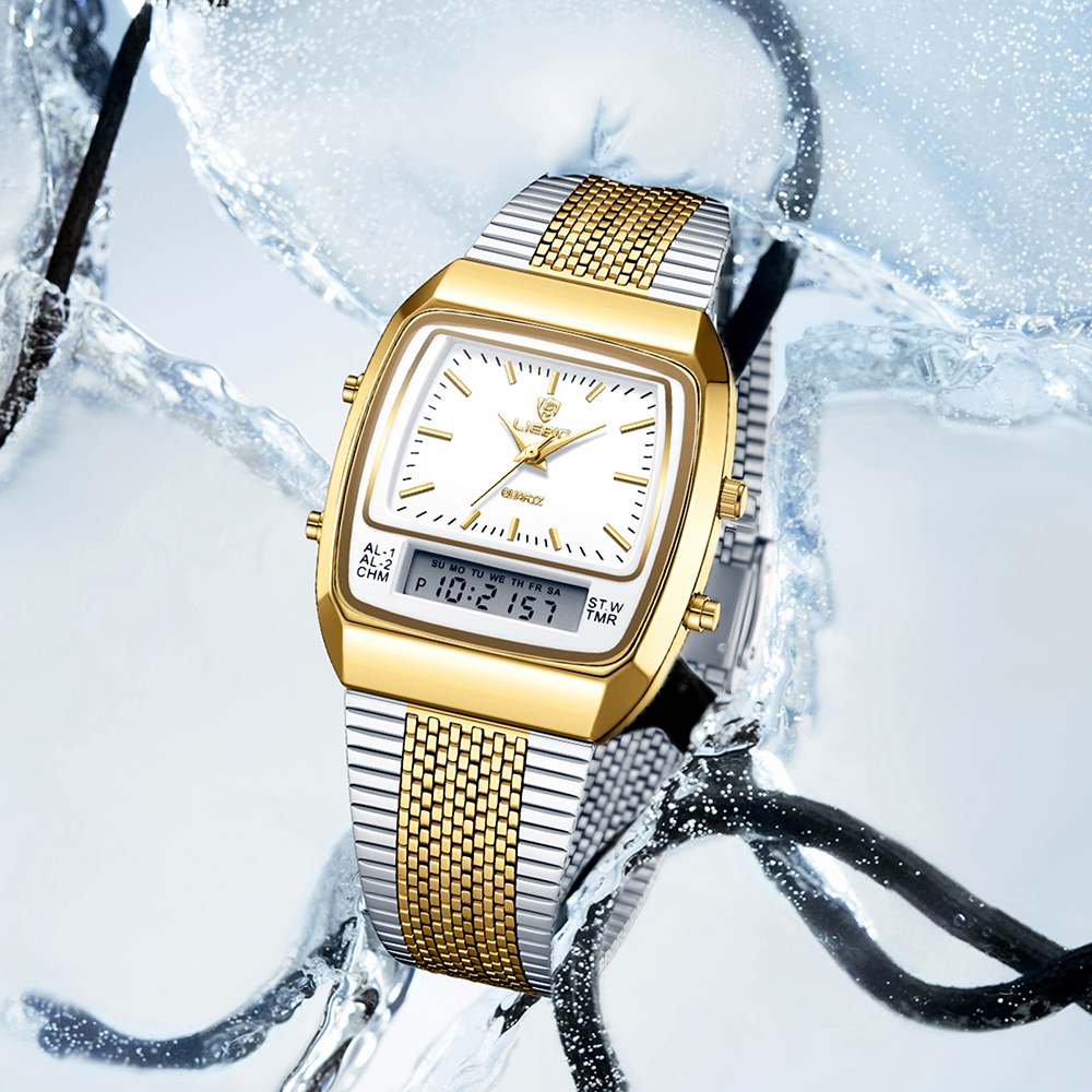 Liebig luxo digital relógios de quartzo para homens moda casual dupla exibição tempo esportes semana 3bar relógios de pulso à prova dwaterproof água