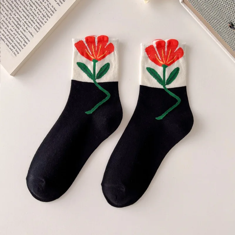 1 par de calcetines de mujer estilo japonés coreano dibujos animados flor Color caramelo Harajuku Kawaii calcetines de tubo medio calcetines cortos informales transpirables