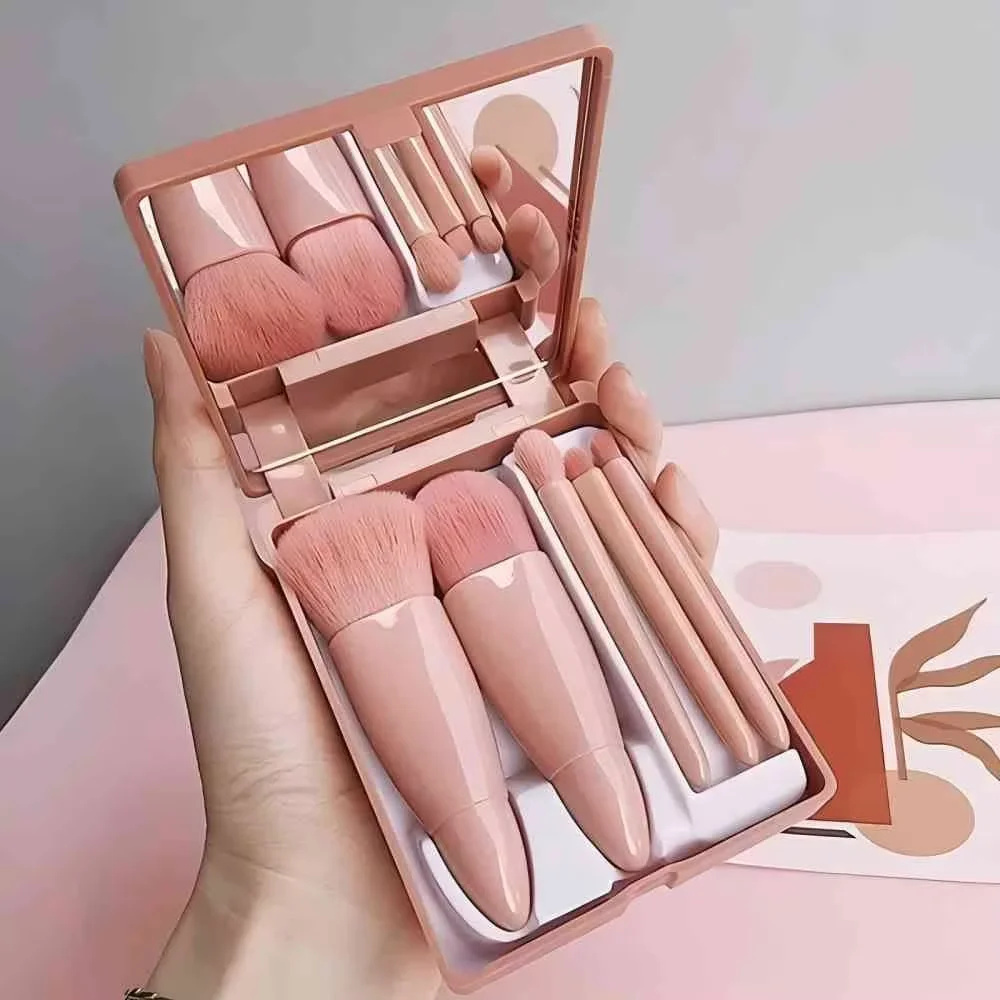 Juego de brochas de maquillaje de tamaño de viaje de 5 uds Mini brochas de maquillaje, Kit de brochas cosméticas de función completa pequeña con estuche y espejo 5 uds T