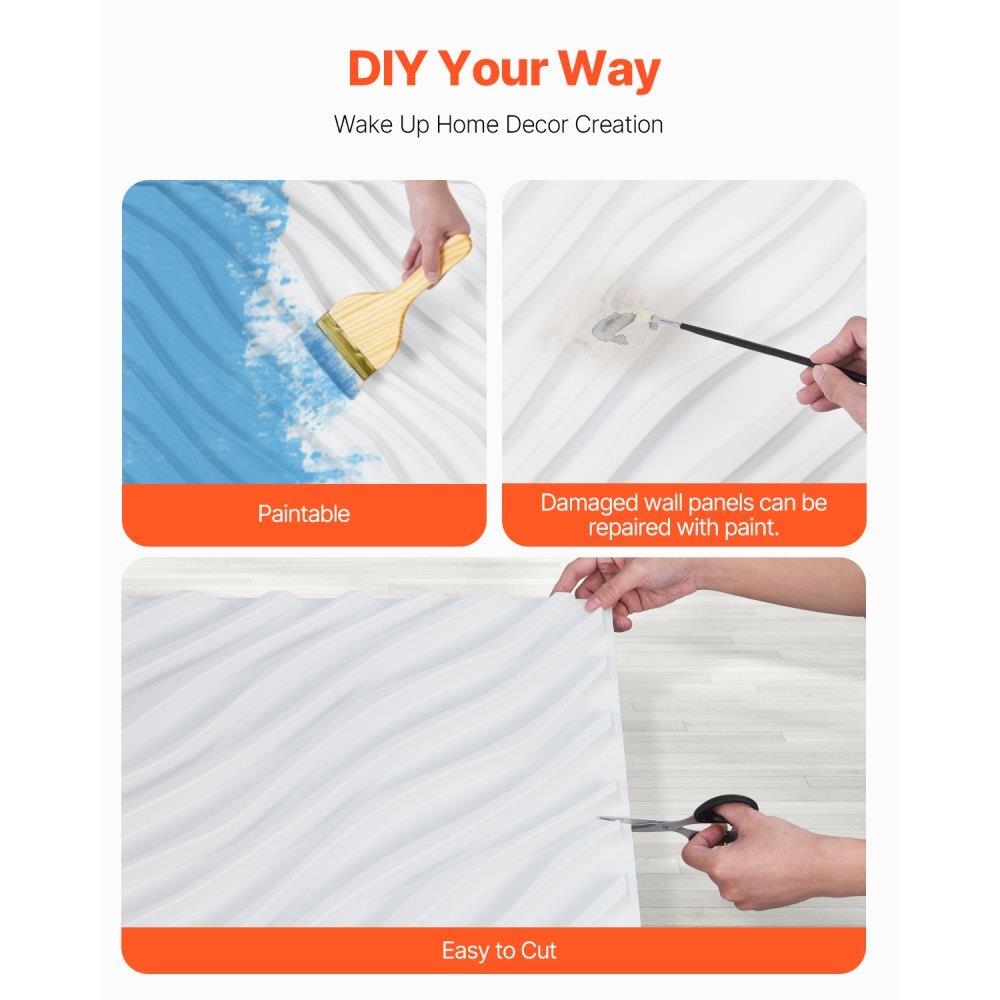 3D Wall Panels 12-Pack 19.7x19.7 inches PVC 32 Sq Ft Coverage Wave Matte White
