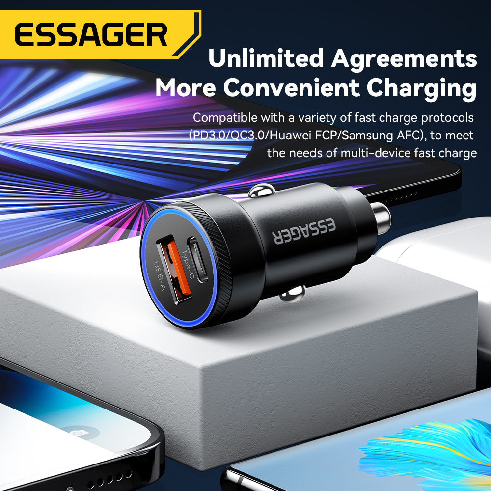 Essager 54W USB Car Charger 5A Fast Charge 3.0 QC SCP AFC 30W USB Type C Quick Charging For Xiaomi poco iPhone Huawei Samsung