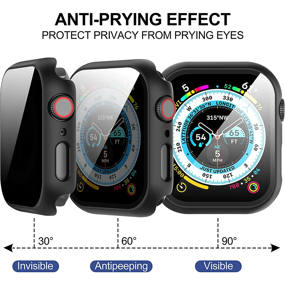 Privacy Glass+Case For Apple Watch 45mm 41mm 44mm 40mm Tempered Anti-Peeping Screen Protector For iWatch 8 7 6 5 4 SE 9 Cover