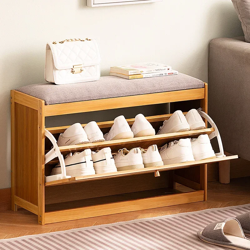 Flip-Top Shoe Cabinet Ultra-Thin Home Entryway Shoe Bench Bamboo Multi-Layer Shoe Rack Indoor Breathable Shoe Storage