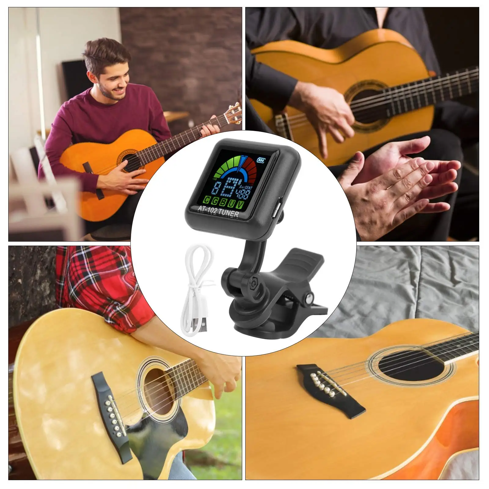 Afinador de guitarra aroma, afinador de violino afinador de guitarra com clipe usb recarregável bateria embutida afinador de ukulele de violino at-102 preto