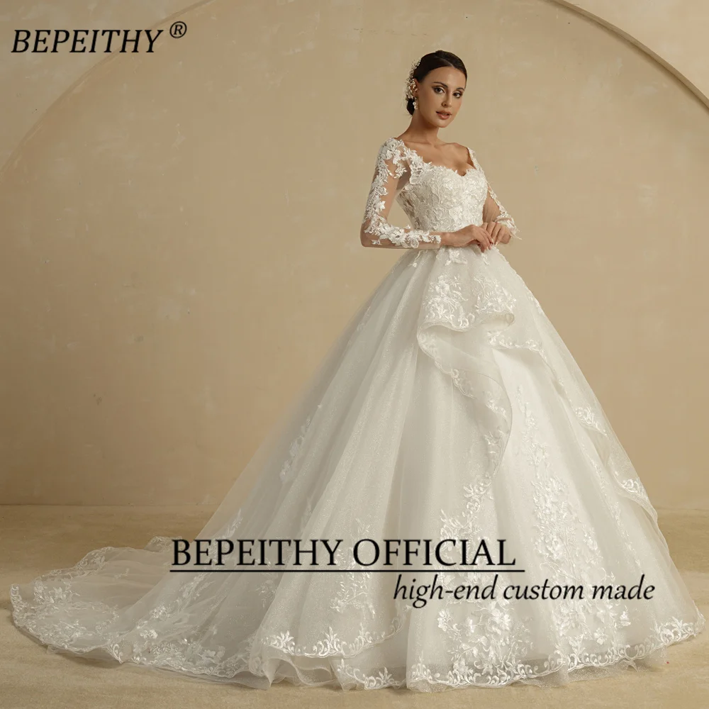 Bepeithy-女性用のパーソナライズされたグリッターボールガウン,長袖,フリルスカート,光沢のあるブライダルドレス,ウェディングドレス,恋人,2022