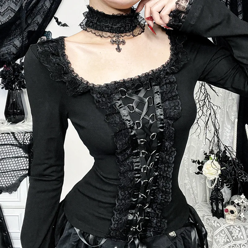 Camisetas góticas de manga larga con ribete de encaje negro, Tops Vintage sexis con cordones y cuello cuadrado con gargantilla cruzada, camisetas de otoño para mujer