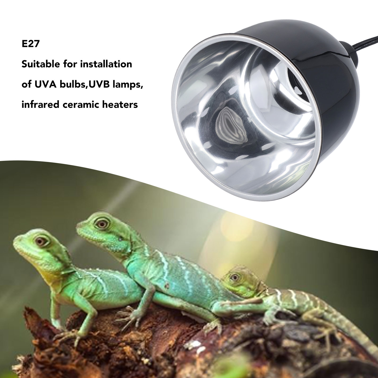 Réptil lâmpada de calor cúpula alumínio 250w e27 réptil luminária para tartarugas lagarto terrário uvb réptil luminária