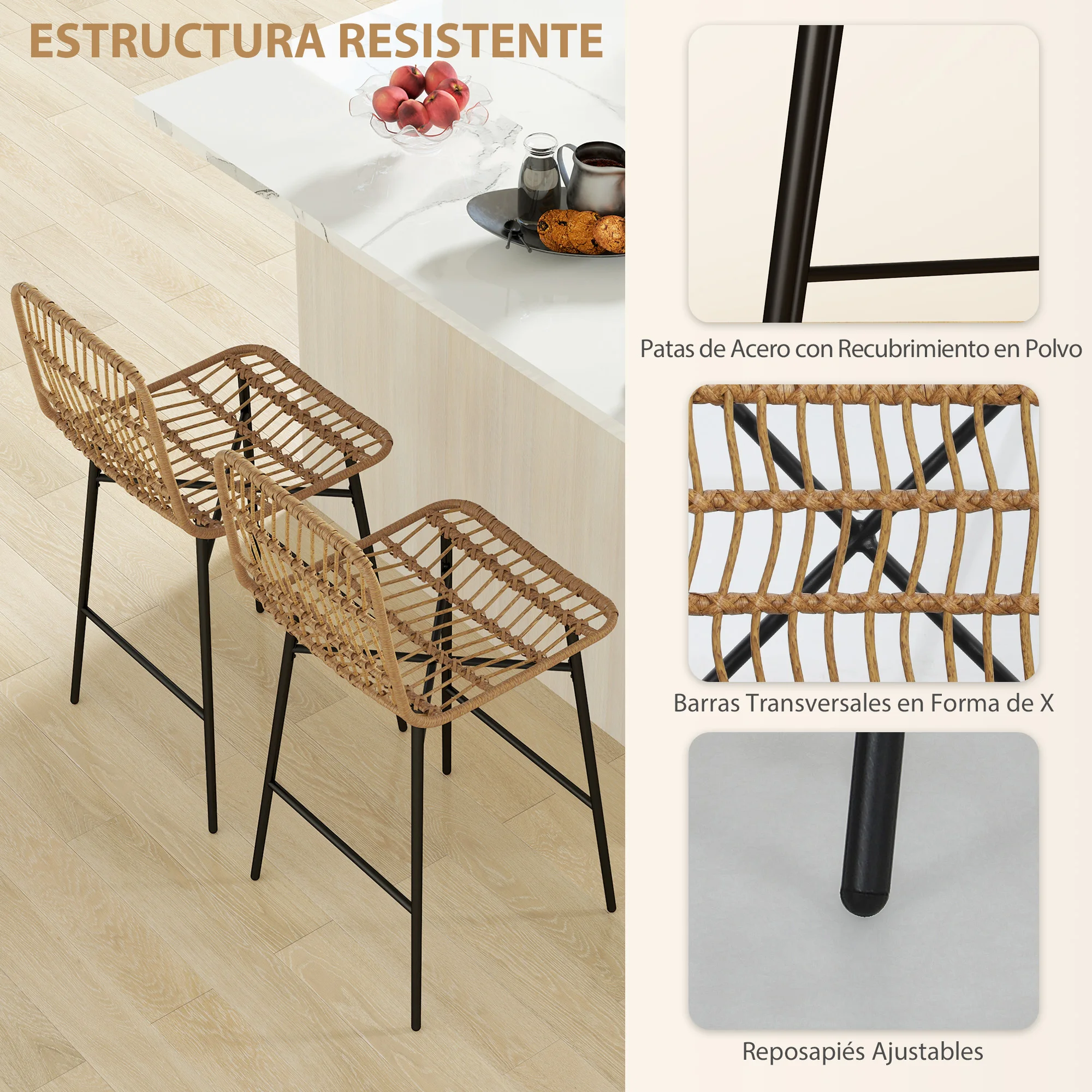 Homcom Set di 2 sgabelli alti da cucina sgabelli da bar con schienale e sedile in rattan per bar cucina sala da pranzo marrone