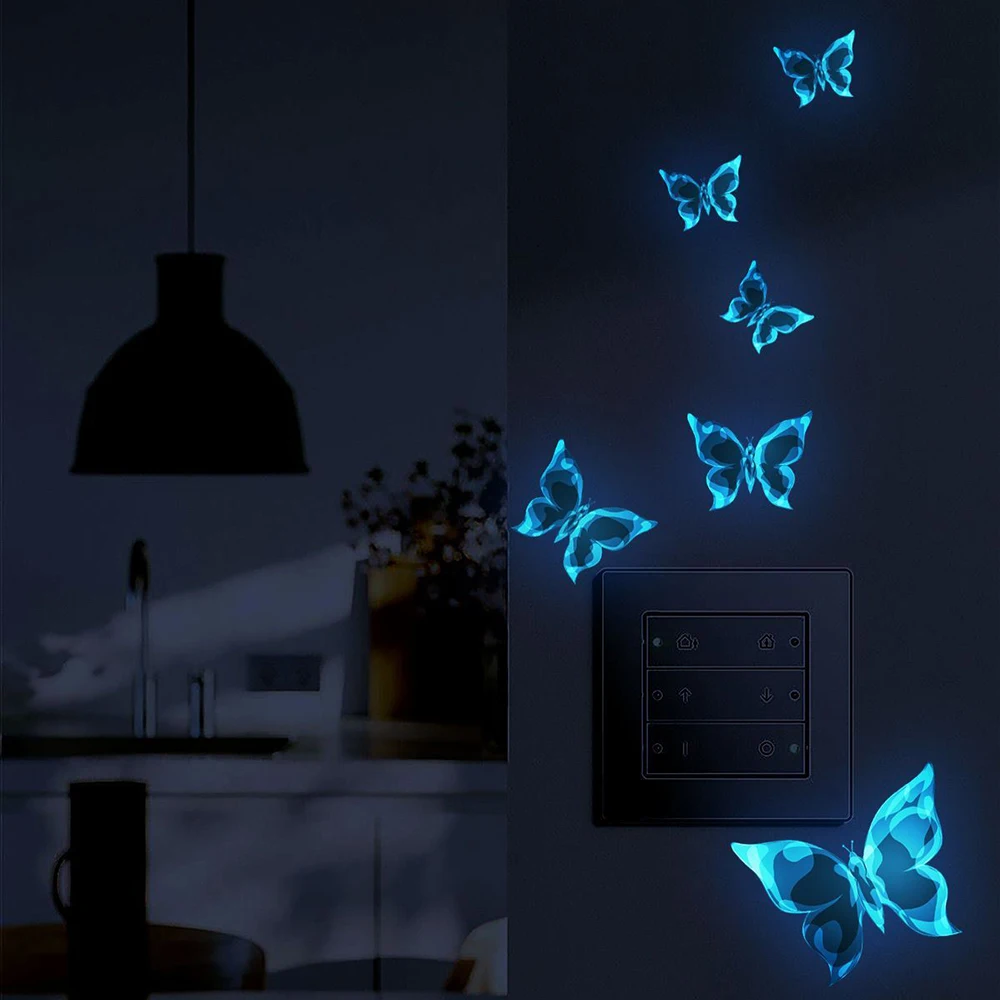 6PCS/Set Blue Luminous Small Butterfly Switch Paste Bedroom Living Room Switch Paste Decorative Self-Adhesive Wall Paste
