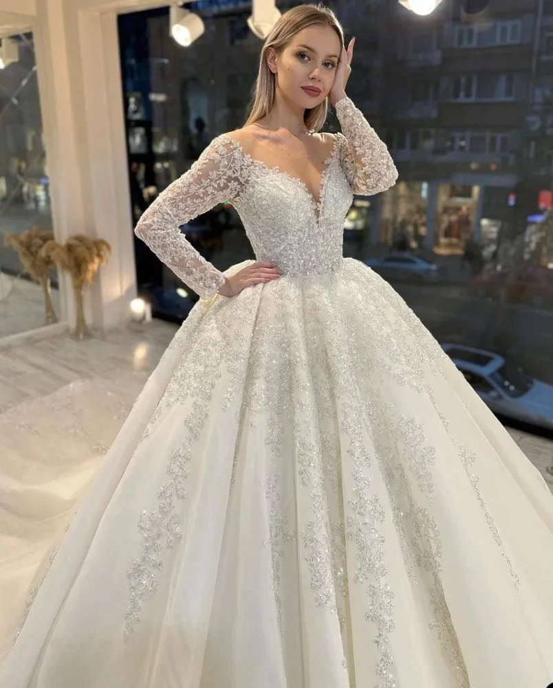 Flavinke Angepasst Luxus A-Line Brautkleider Frauen Pailletten Applikationen Brautkleid Oansatz Lange Ärmel Sweep Zug Vestido