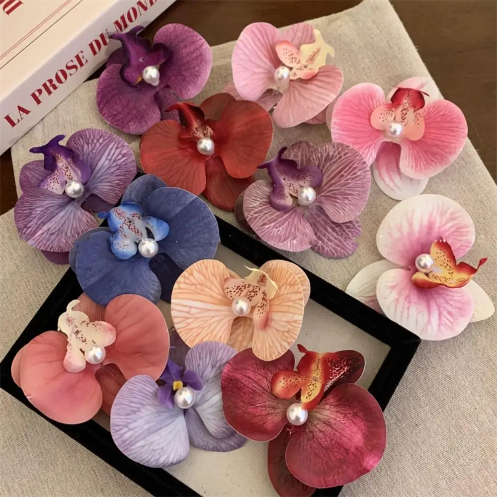 Pinza de pelo de flor de perla para niña, horquilla de flor de Orquídea de mariposa de tela linda, Clip de pico de pato, Clip de pelo de estilo coreano, Clip de playa