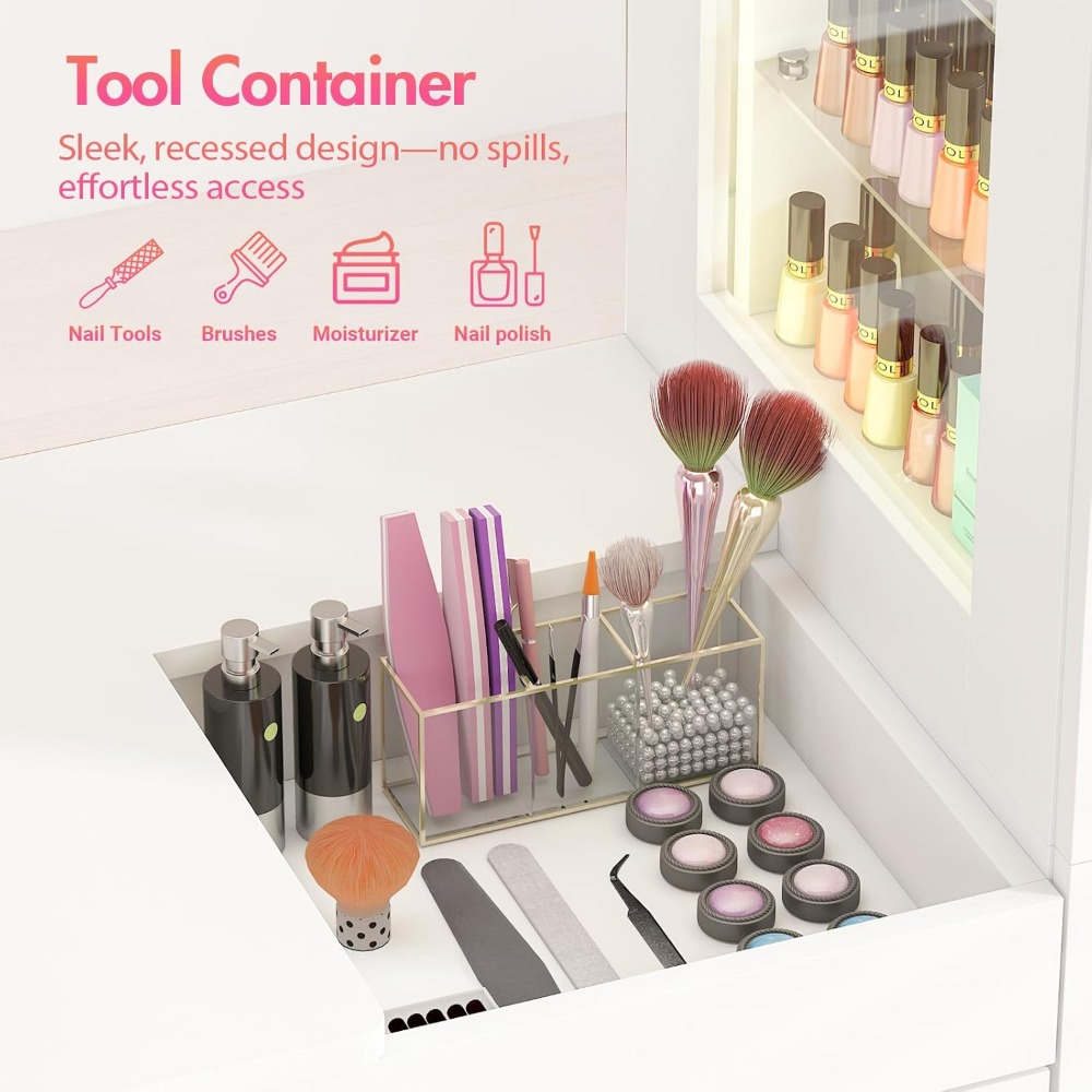 Manicure Table for Nail Tech w/ LED Light Display Cabinet, Nail Desk with Lockable Wheels, Dust Collector, Drawers, Wrist Rest