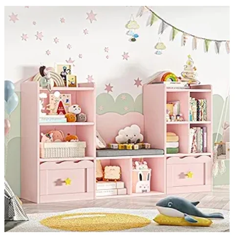Bookshelf with Reading Nook, Kids Bookcase with Soft Cushion Seat, 2 Wheels Drawers and 8 Storage Cubbies, Toy Storage Orga