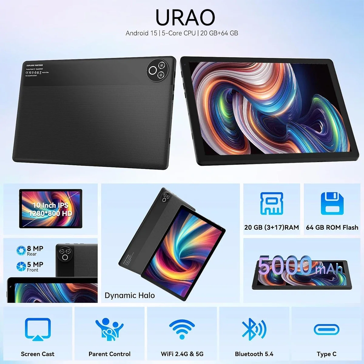 Android15 Tablet 10.4 Inch OS GMS Certified Tablets 1.8 GHz 5-Core 20GB RAM 64GB ROM 1TB Expand WiFi 6 Bluetooth 5.4 Dual Camera