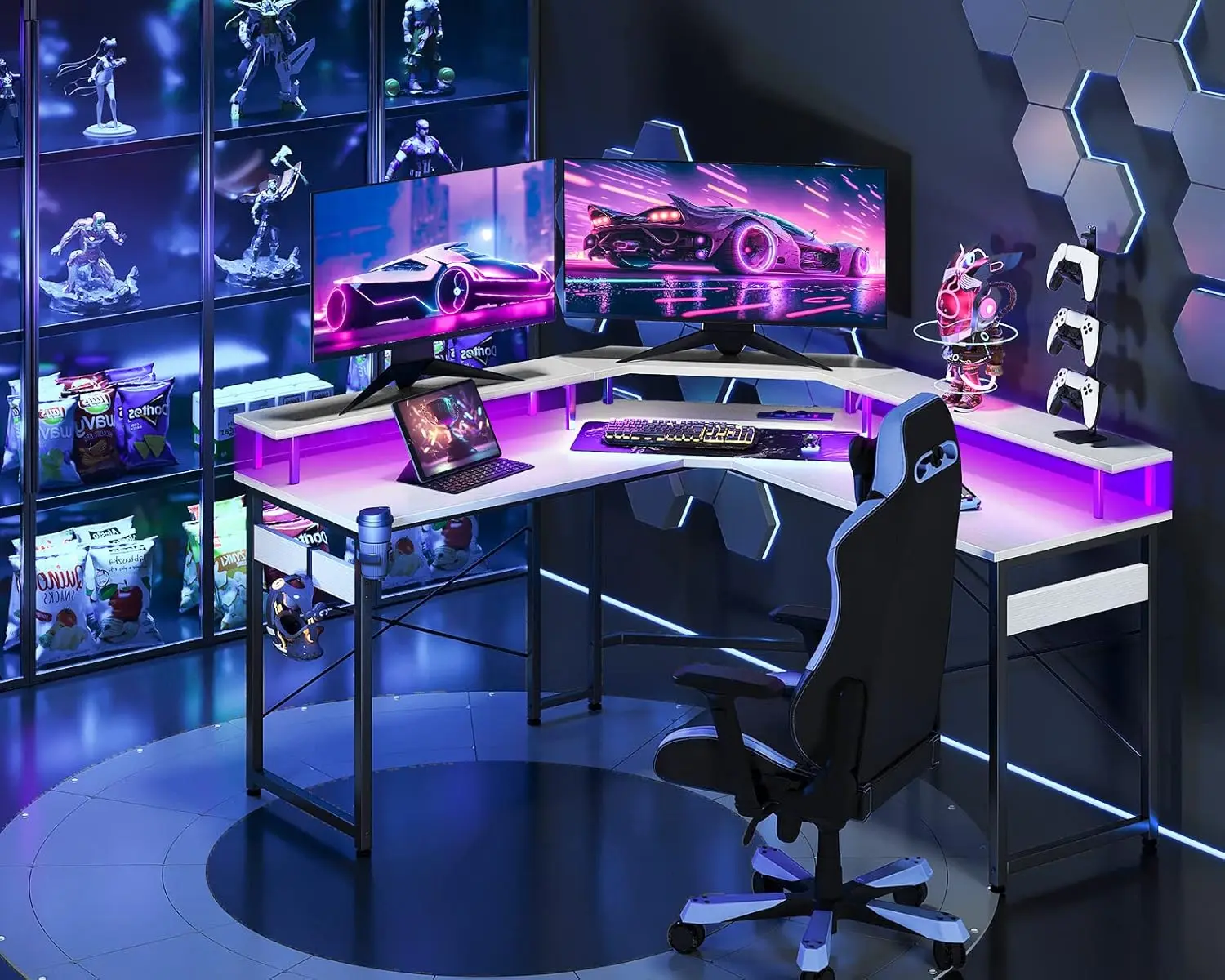 Mesa Gaming con LED,Escritorio Gaming con Enchufes,Mesa Escritorio Gaming con Soporte para Monitor,Blanco, escritorios, mesa gaming pc