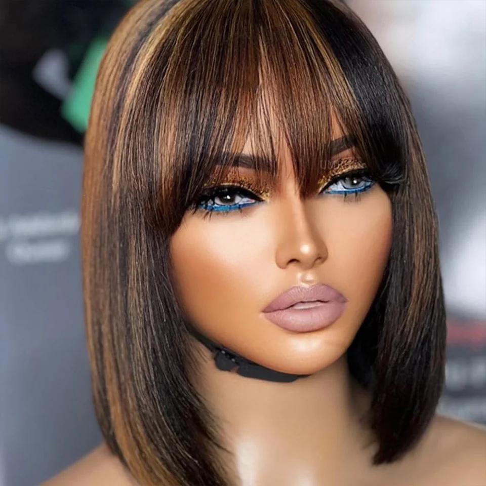 Destaque loira curto bob 3x1 laço sem cola peruca de cabelo humano pronto para ir brasileiro p1b/30 em linha reta bob osso com franja para mulher