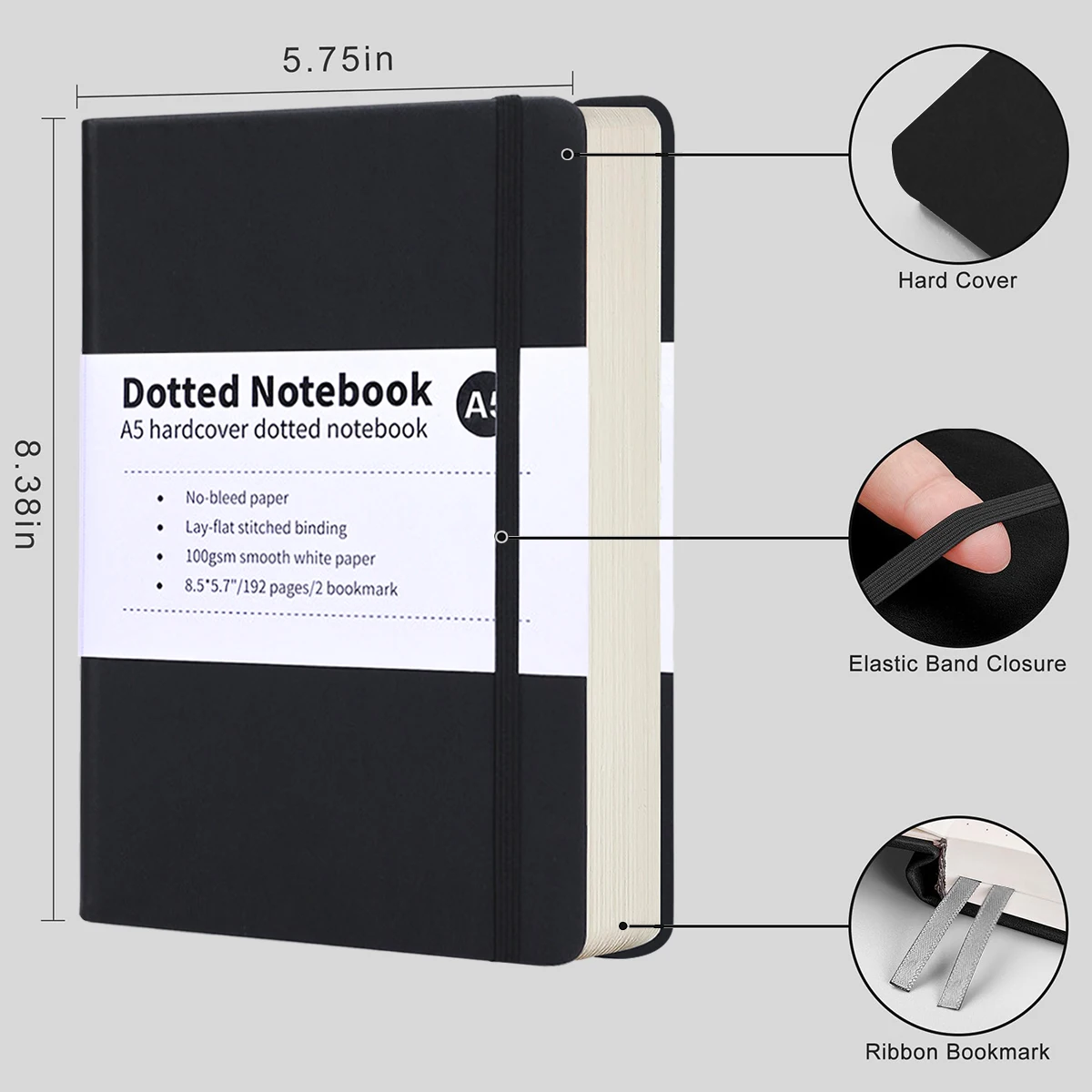 A5 Notebook 192 Pages Classic Journal Dotted Paper Hard Cover Business Creative Elastic Band Notepad Diary Student Stationery