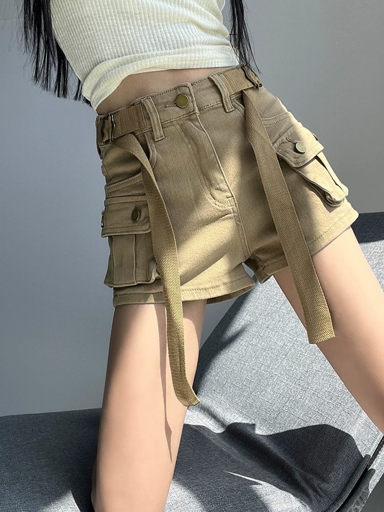 ハイウエストデニムワークパンツショーツ女性の弾性痩身新 2025 夏ハイウエストリフトバットスパイシーホットパンツトレンディなプラスサイズ
