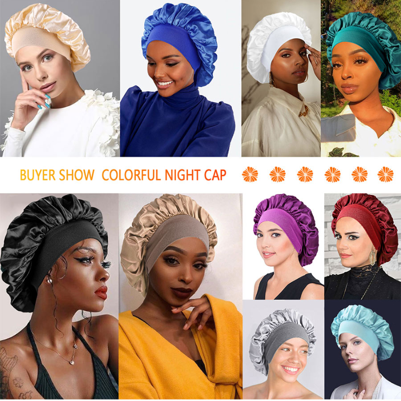 Nowa damska satynowa czapka do spania z szerokim rondem Unisex Head Wrap Elastic Band Cap Hair Care Bonnet Night Hat Bonnet De Nuit