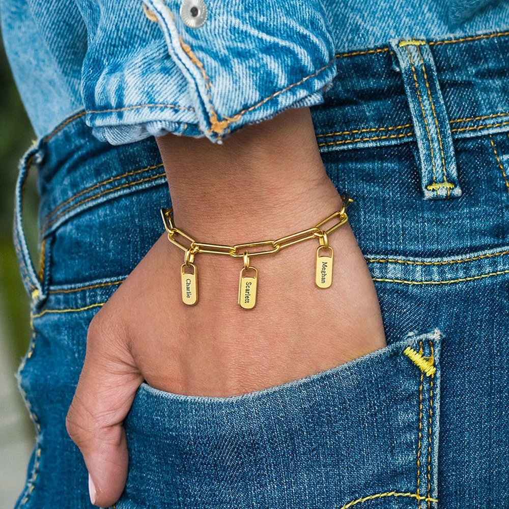 Pulseras rectangulares personalizadas para mujer, múltiples nombres de placa de identificación personalizados, pulseras colgantes de acero inoxidable, Brazalete para Hombre