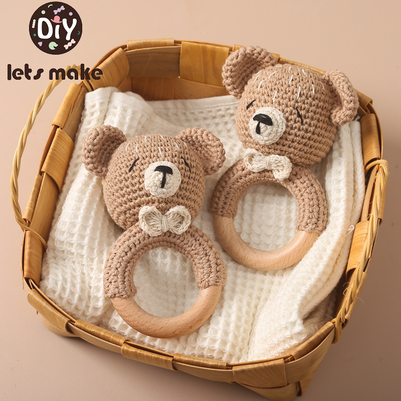 1Pc Baby Holz Rassel Spielzeug Holz Beißring Ring Häkeln Kaninchen Musik Rasseln Schnuller Armband Kleinkind Spielzeug Für kinder Geschenk