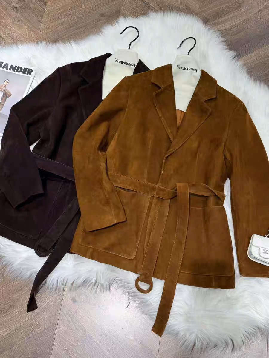 Retro high-end suède leren kinderjas voor dames, vierkante hals, enkele rij knopen, lange jas met tailleband, vrouwelijke outwears, chocolade