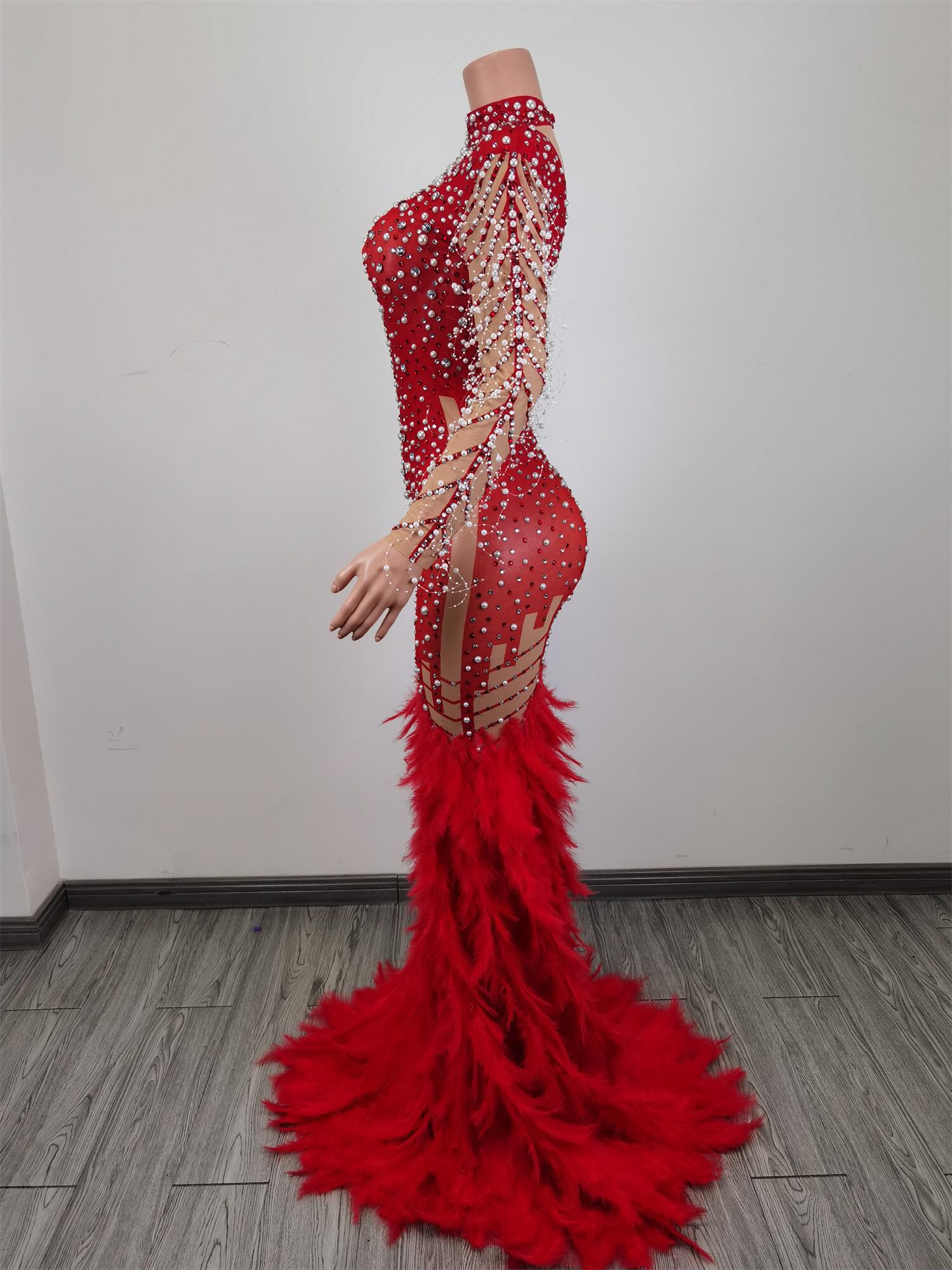 女性のための長いイブニングドレス,羽,人魚,セクシー,チュール,真珠,ドバイ,パーティー,フォーマル,赤,liantiyumao