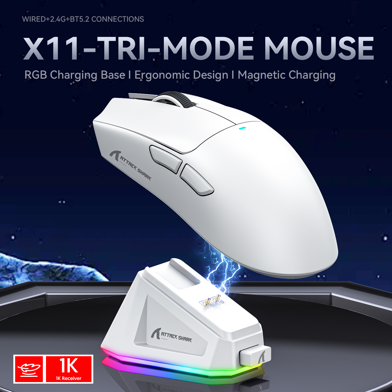 X11 Attack Shark Gaming Mouse inalámbrico 1K Hz PAW3311 Macro magnético RGB cargador de acoplamiento para juegos