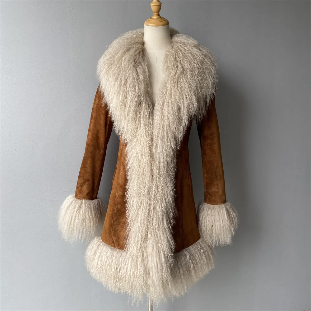 Jaxmonoy manteau en daim véritable avec fourrure de mouton mongole naturelle pour les femmes 2025 automne hiver veste en cuir chaud mode mince longs manteaux