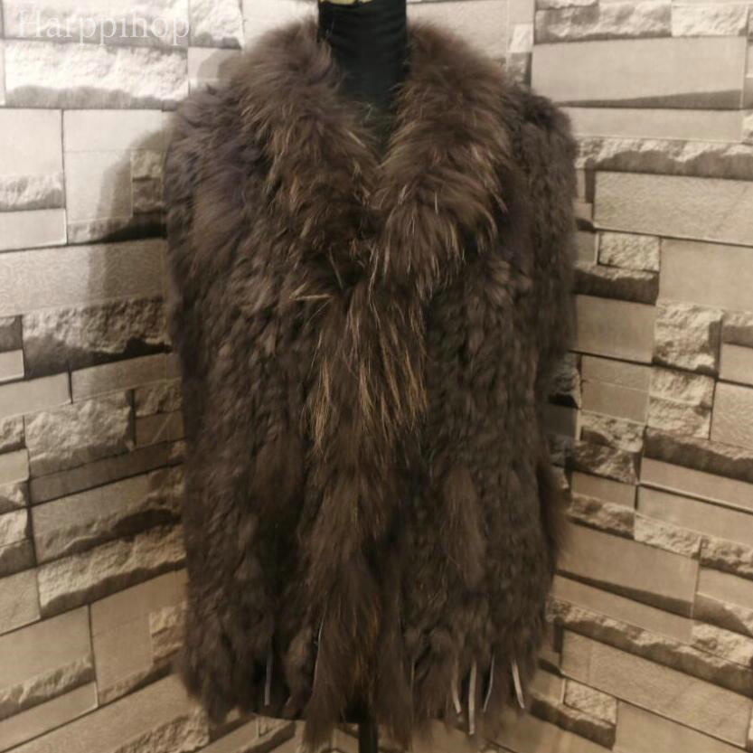 Neue Echte damen Echte Gestrickte Kaninchen Fell Weste Mit Waschbären Pelz Trimmen Weste Winter Pelz Jacke harppihop pelz