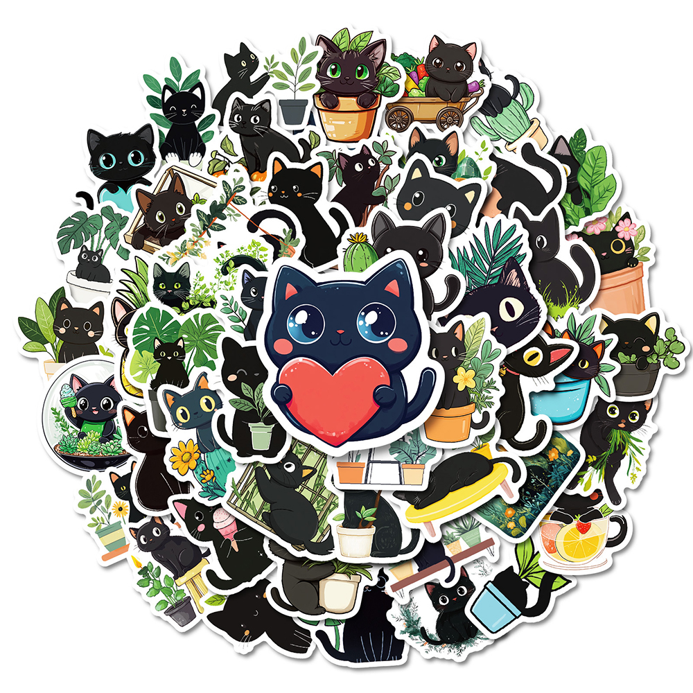 10/30/50 個かわいい植物黒猫漫画ステッカー防水落書き電話ケースバイクかわいい装飾ステッカーおもちゃギフト