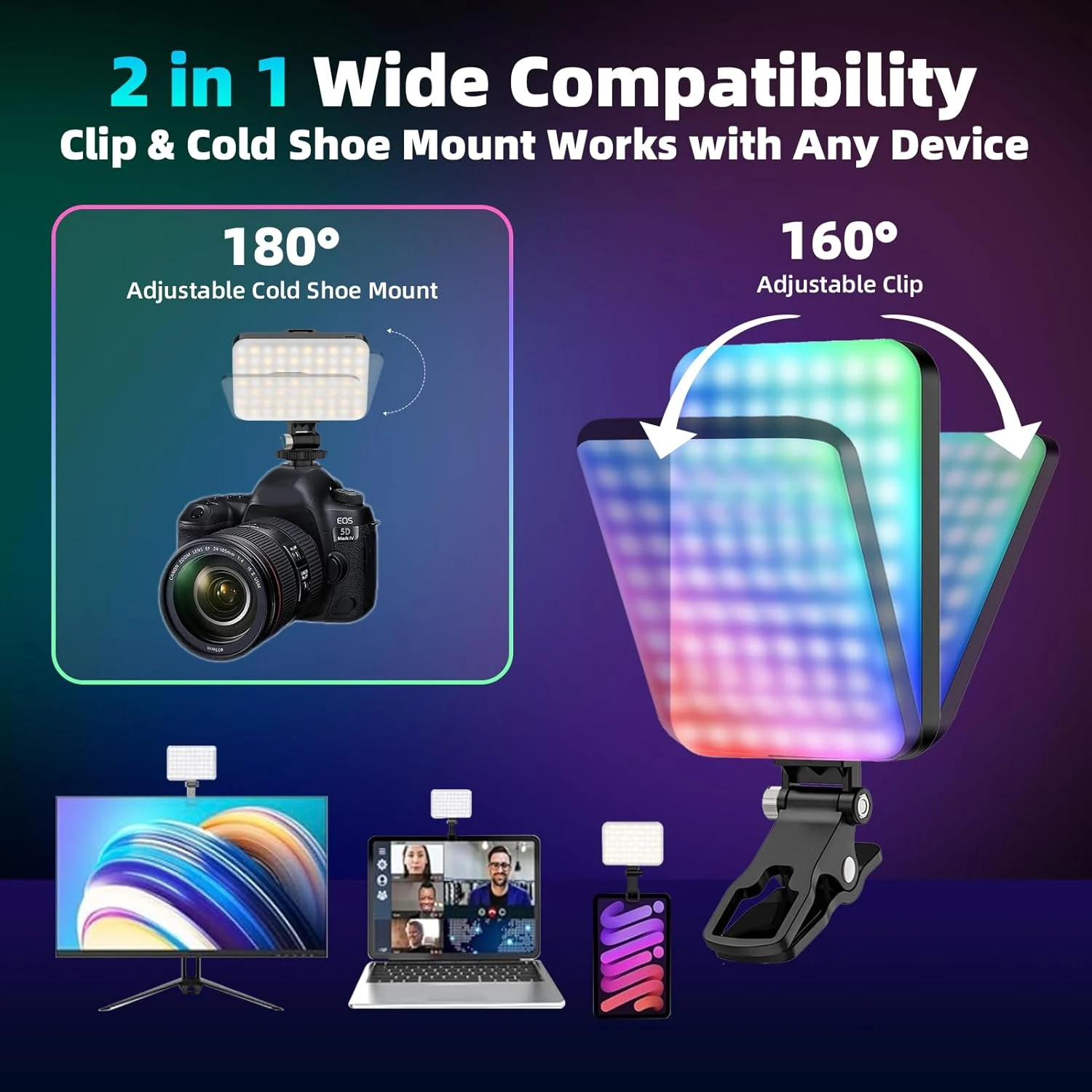 108 LED RGB Luz de câmera com saída colorida Kit de luz de vídeo regulável 2500K-9000K Painel de luz bicolor CRI 95 + recarregável