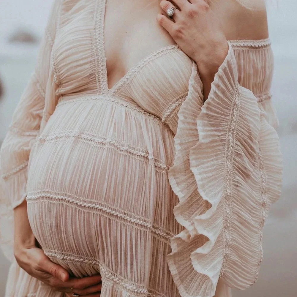จีบชีฟอง Boho สไตล์คลอดบุตรถ่ายภาพชุดอาบน้ําเด็ก Maxi ชุดหญิงตั้งครรภ์ Photo Props ชุด
