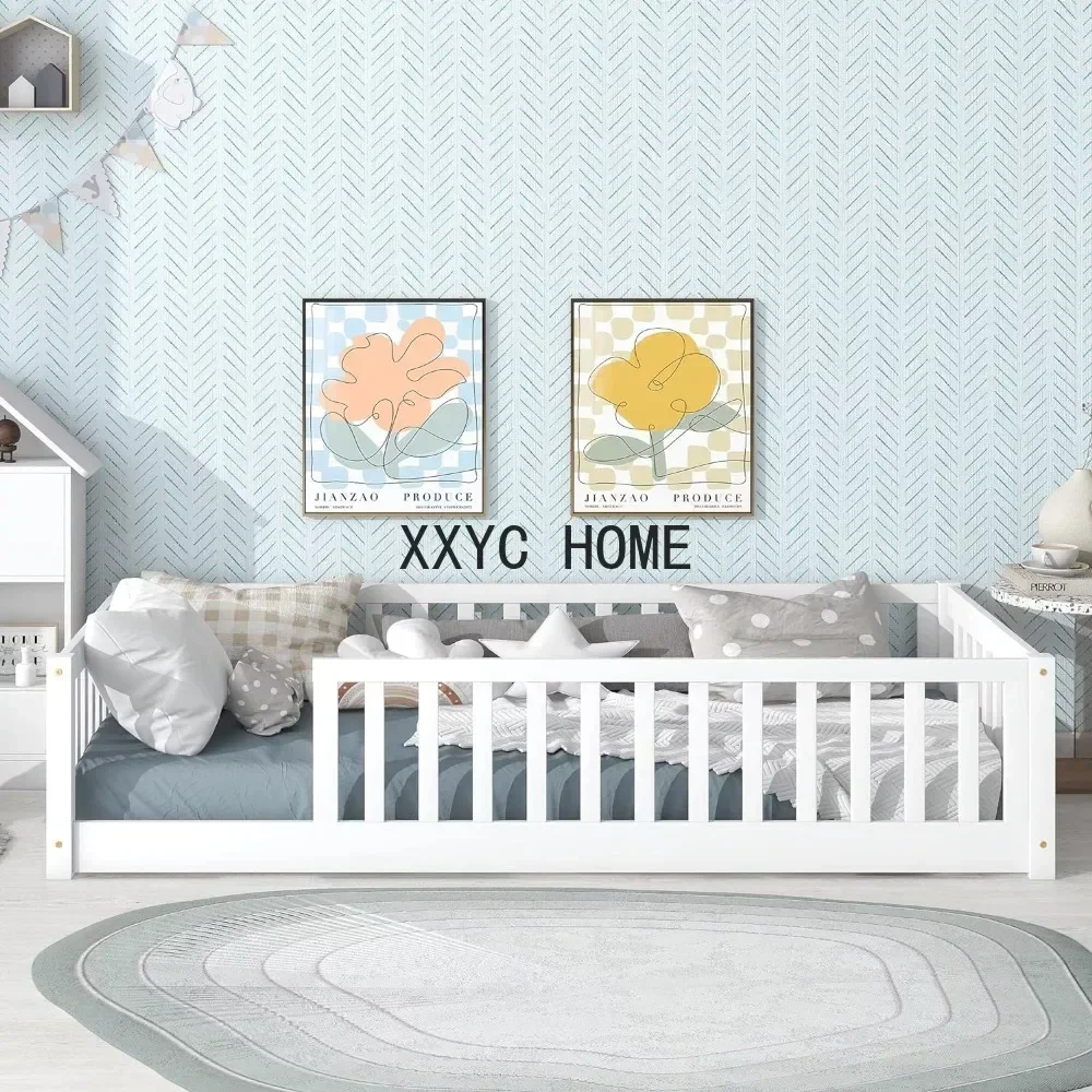 Marco cama de piso de tamaño doble con valla de seguridad y listón, cama de piso Montessori para niños